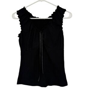 Brandy Melville Black Crinkle Ruffle Tank Top Ribbon Tie OS Whimsigoth Romantic